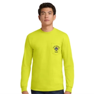 Gildan Ultra Cotton long sleeve safety green pocket t-shirt with customizable logo
