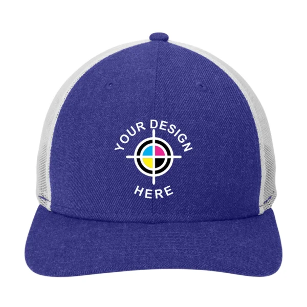 New Era snapback low profile trucker cap in royal blue and white with customizable logo