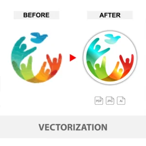 Professional vectorization service converting low-resolution JPG logo into high-quality vector file formats like AI, PDF, and SVG
