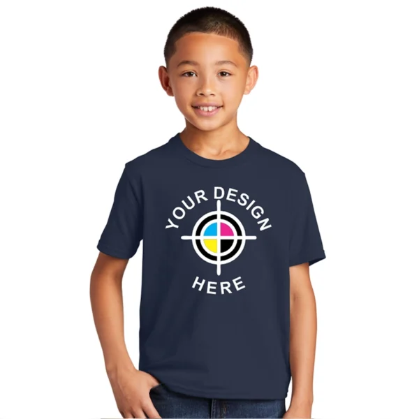 Port & Company Youth Fan Favorite Tee in navy with custom logo print