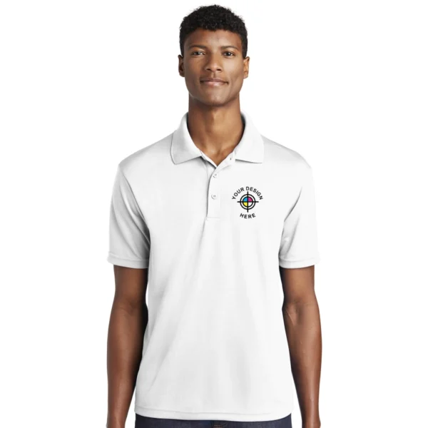 Sport-Tek PosiCharge RacerMesh Polo in white with custom embroidery design