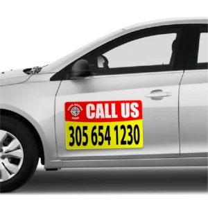 Custom car magnet sign with bold text and phone number for business advertising
