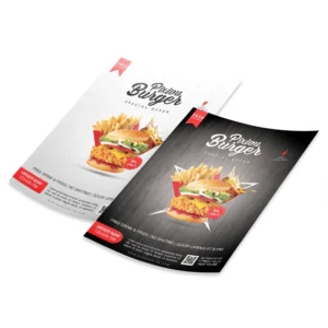 Custom printed postcards with burger and fries promotion design
