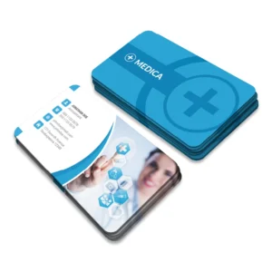 Custom medical business cards with modern blue design and rounded corners