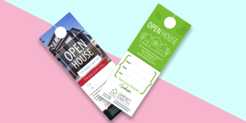 Custom printed door hangers for open house events by 305 Print Shop Miami.