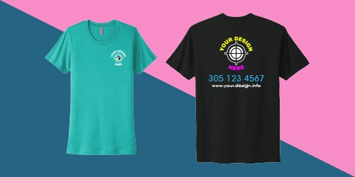 Custom printed t-shirts with front and back designs from 305 Print Shop in Miami.