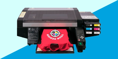 Direct-to-garment (DTG) t-shirt printing machine with red custom shirt at 305 Print Shop Miami.