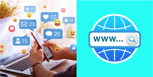 Person using smartphone with floating social media icons and web search symbol, representing Miami printing and marketing services.