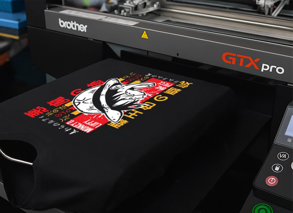 brother gtx pro dtg printer printing colorful custom t-shirt design