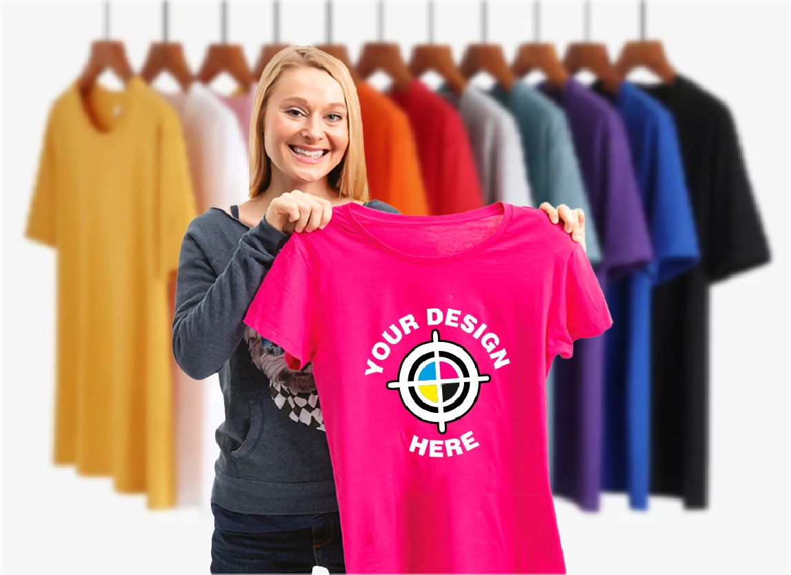 Woman holding pink t-shirt with custom DTF printing