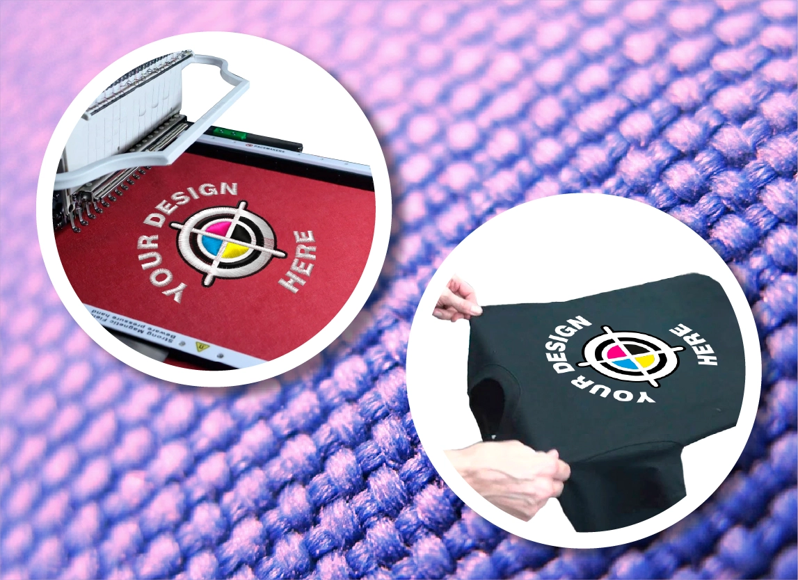 Embroidery machine stitching logo and black t-shirt with DTF print
